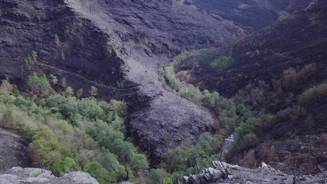 drone, o caurel, lugo, galicia, forest fire, ravine, ashes, climate change, black, water, travel, tourism, scenic, rock, river, nature, mountain, environment, waterfall, view, outdoor, natural, landsc