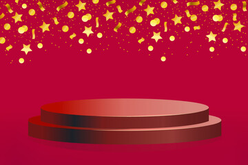 Podium with circles stars ribbons on a red horizontal background. 3d style. Stage podium. Vector illustration.