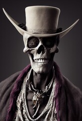 3D rendered computer generated image of Baron Samedi, the loa of the dead in Haitian Voodoo folklore. The head of the Gede family, this voodoo priest is a skeleton with hat and coat  - obrazy, fototapety, plakaty