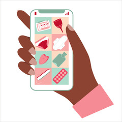 Hand holding smartphone for menstruation control. menstrual menu on the phone. Menstruating health cycle. Menstruation concept. Flat vector.