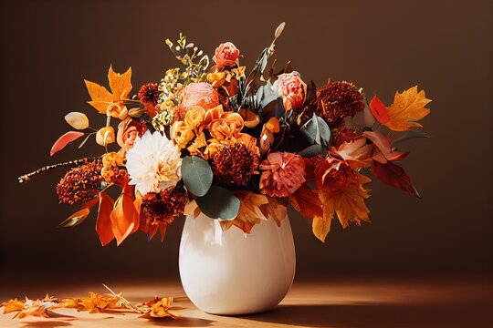 3D rendered computer generated image of autumn floral bouquet. Fall harvest plants and flowers in an autumn color pallet isolated against a studio background