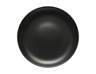 Top view empty ceramic round black plate isolated on white with clipping path and shadow with PNG.