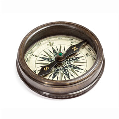 Old vintage retro brass compass isolated. Top view