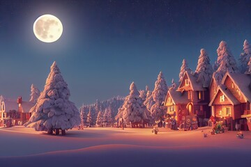 Generative AI 3D rendered winter snow scene cold and serene new for winter 2023. Santa's Village in the North Pole with a full moon over it at night. Beautiful and scenic idyllic Christmas village - obrazy, fototapety, plakaty