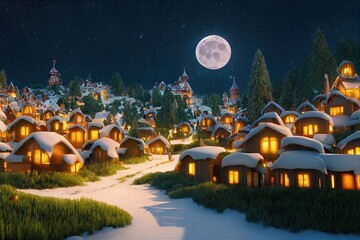 3D rendered winter snow scene cold and serene new for winter 2023. Santa's Village in the North Pole with a full moon over it at night. Beautiful and scenic idyllic Christmas village - obrazy, fototapety, plakaty