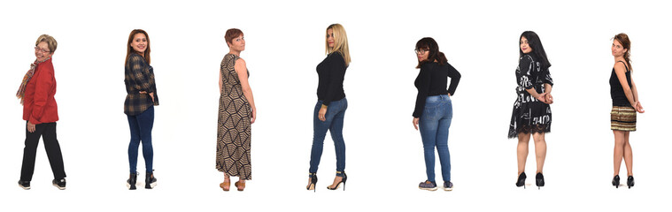  group of woman turning and looking at camera on white background