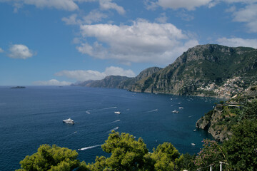 Panoramic view of beautiful Amalfi Positano on hills leading down to coast, Campania, Neaples,...