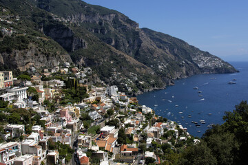 Panoramic view of beautiful Amalfi Positano on hills leading down to coast, Campania, Neaples, Italy. Amalfi coast is most popular travel and holiday destination in Europe.