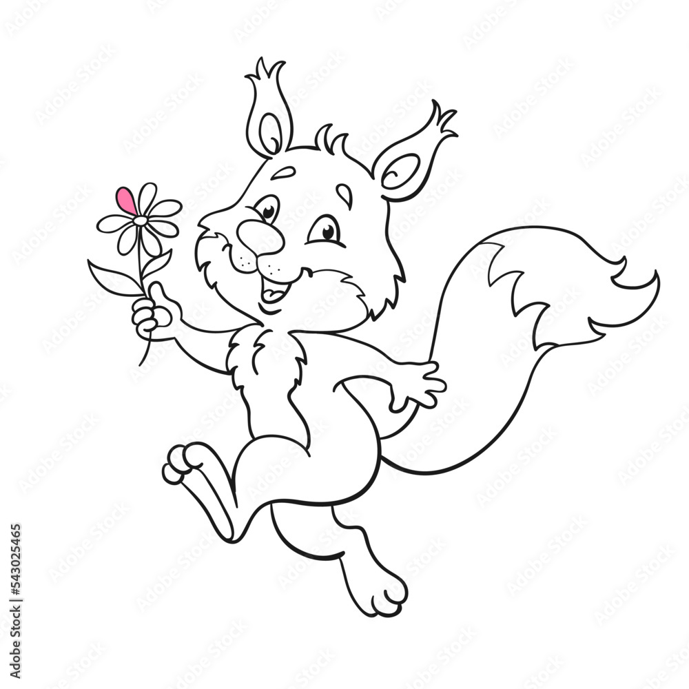 Canvas Prints Cute squirrel runs skipping with a flower in her hand. Black and white picture in cartoon style. With pink accent. Isolated on white background. For coloring book.