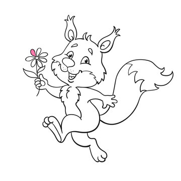 Cute squirrel runs skipping with a flower in her hand. Black and white picture in cartoon style. With pink accent. Isolated on white background. For coloring book.