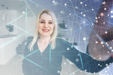 Future. Face Detection. Biometric Facial Recognition. ID Information Security. 3D Scanning of Face of Caucasian Server Engineer Working with Tablet at Data Center. Data Analyzing Animation with Points