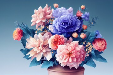 3D rendered computer generated image of a colorful winter holiday bouquet of flowers. Floral look against flat studio background for photorealism with 3D shading. Bright and colorful