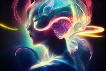 abstracte achtergrond mooie vrouw hoofd met kleurrijke gloeiende lichten
