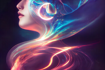 abstract background beautiful woman head with colorful glowing lights