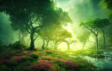 Fantasy dreamy misty forest, forest in the garden of Eden