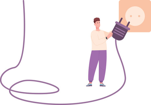 Man plugging power plug in electric socket outlet