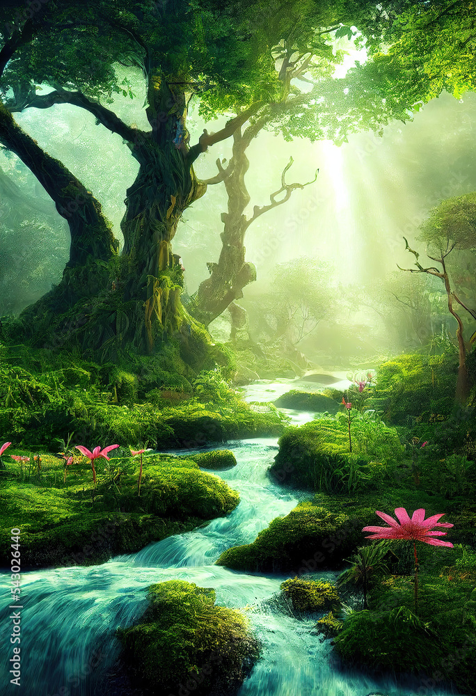 Wall mural fantasy dreamy misty forest, forest in the garden of eden