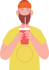 Bearded guy drink soda from plastic cup with straw