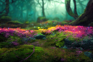 beautiful fantasy forest foliage background, close-up photo, colorful mushrooms and flowers