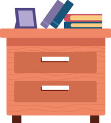 Wooden drawer chest with books. Nightstand furniture