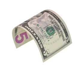flying five dollars bill isolated