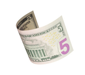flying five dollars bill isolated