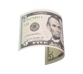 flying five dollars bill isolated