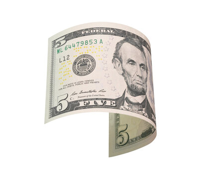 flying five dollars bill isolated