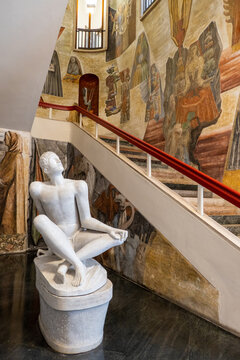 PADOVA, ITALY - October 30, 2022: Palazzo Bo, marble entrance stair, made by the italian architect Gio Ponti, at the historical building home of the Padova University from 1539, in Padova.