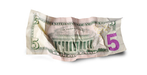 Back of crumpled five dollars banknote isolated
