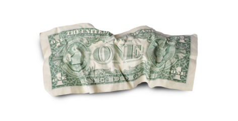 Back of crumpled one dollar banknote isolated