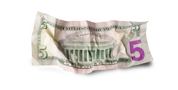 Back of crumpled five dollars banknote isolated