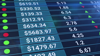 Stock market data rolling and processing over a grid. Digital screen with stats, number of sales, percentage, growth and decline. Abstract blue financial background.