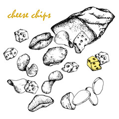 Сheese chips.Black and white sketch, hand-drawn, Vector, isolated on a white background, a bag of chips of different shapes.Cheese cubes. For packaging, design bars, menus, labels