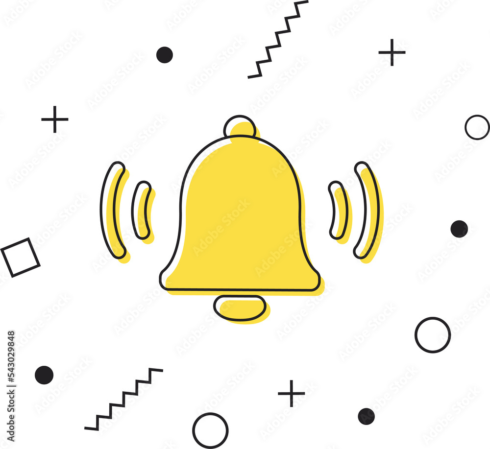 Poster bell alert icon . yellow notification bell icon with geometric shapes. alarm symbol. incoming inbox 