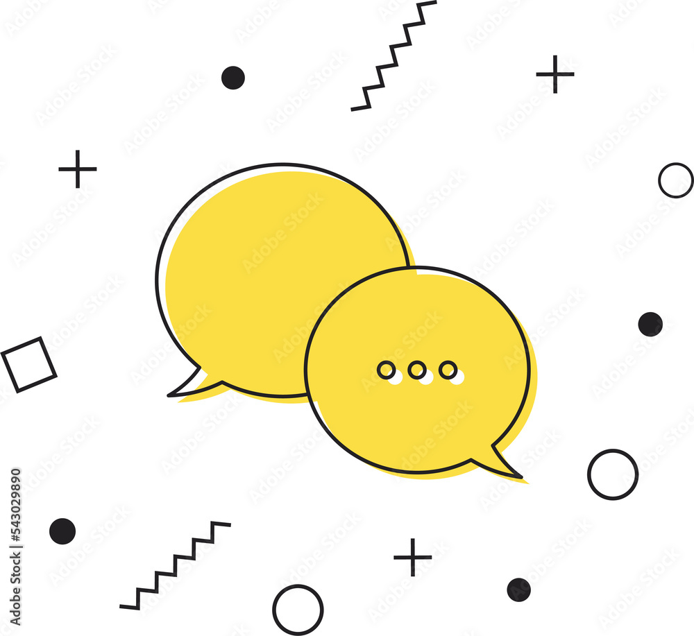 Poster chat bubble icon. yellow message symbol icon with geometric shapes. chatting or messaging bubbles wi