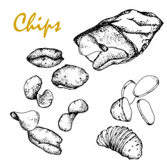 Chips.Black and white sketch, hand drawn, Vector, isolated on white background, falling into a bag of chips of different shapes.For packaging, design of bars, menus, labels