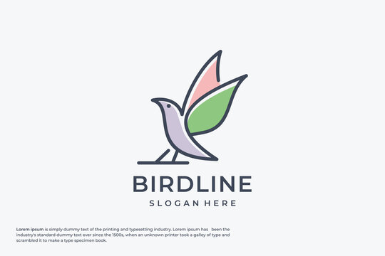 vector line art of abstract colorful bird, wall art design, minimal bird line logo icon illustration isolated on white background