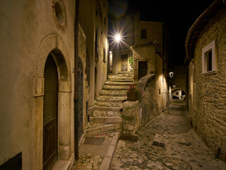 Night scene of the town of Barrea, Abruzzo, Lazio e Molise national park, Italy