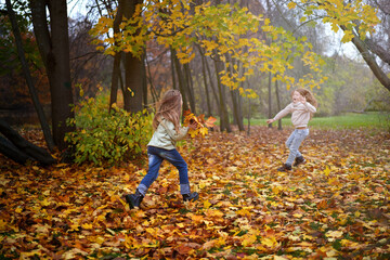 Naklejka premium A fun battle for throwing leaves by siblings by children on a warm autumn day in nature. Autumn leaves are flying around. Copy space for your design.