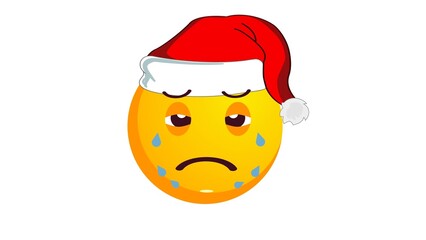 Crying, unhappy yellow emoji in santa claus christmas hat isolated on white background. Negative emotions concept. Winter holidays emoticon. Social media reaction icon.