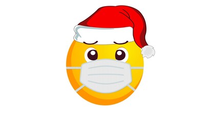 Unhappy yellow emoji in santa claus christmas hat and medical mask on white background. Negative emotions concept. Winter holidays emoticon during Covid19 epidemic. Social media reaction icon.