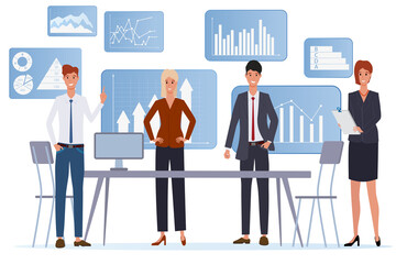 Business men and business women in business suits make a meeting on the background of an infographic.Business team.Task planning search for solutions new ideas and brainstorming.Flat  illustration.