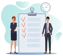 Businessmen are planning a task.List of time management tasks.People next to a large list of planned tasks.The complete list of tasks is marked with the completed tasks check box.Flat  illustration.