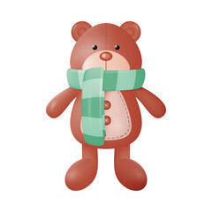 Cute Teddy Bear Toy in Scarf. Christmas Stuffed Bear. 3D Vector Character Illustration