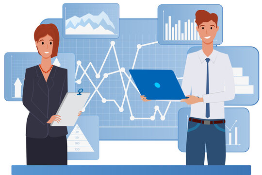 A young man and woman work in an office with an infographic in the background.Office work, coworking, studying business projects.Flat vector illustration isolated on a white background.