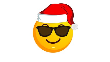 Rejoicing and smiling yellow emoji ball in santa claus christmas hat and black sunglasses on white background. Positive emotions concept. Winter holidays emoticon. Social media reaction icon.