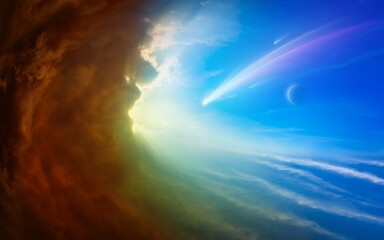 Fototapeta premium Amazing unreal background: giant colorful comet and crescent moon in blue sky, on opposite side of image are dramatic dark red stormy clouds