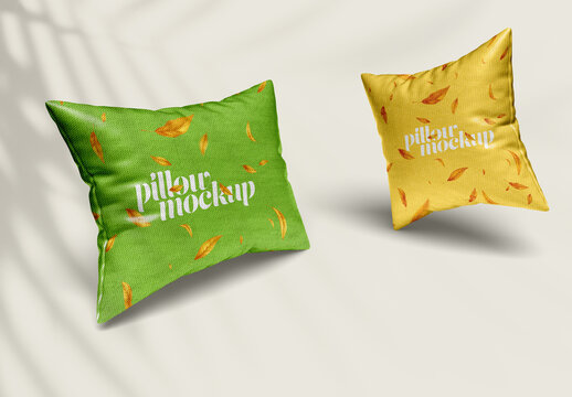 Pair of Decorative Pillows Mockup &ndash; Realistic Yellow and Green Cushions for Living Room Styling, Home Textile Branding, and Cozy Decor Ideas