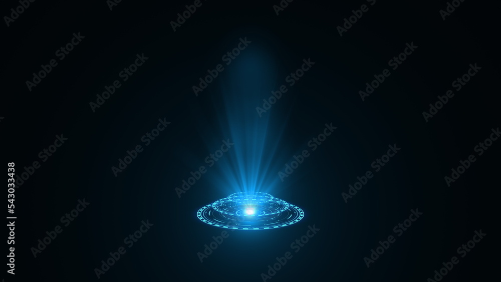 Poster 3d rendering blue round hologram emitting rays of light. futuristic sci-fi interface. glow portal. t